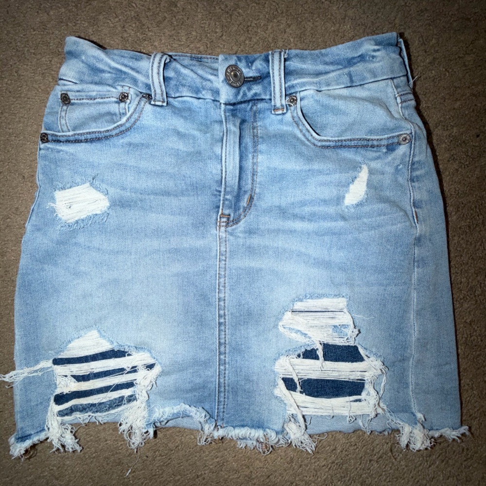 American Eagle Outfitters Light Blue Distressed Denim Skirt